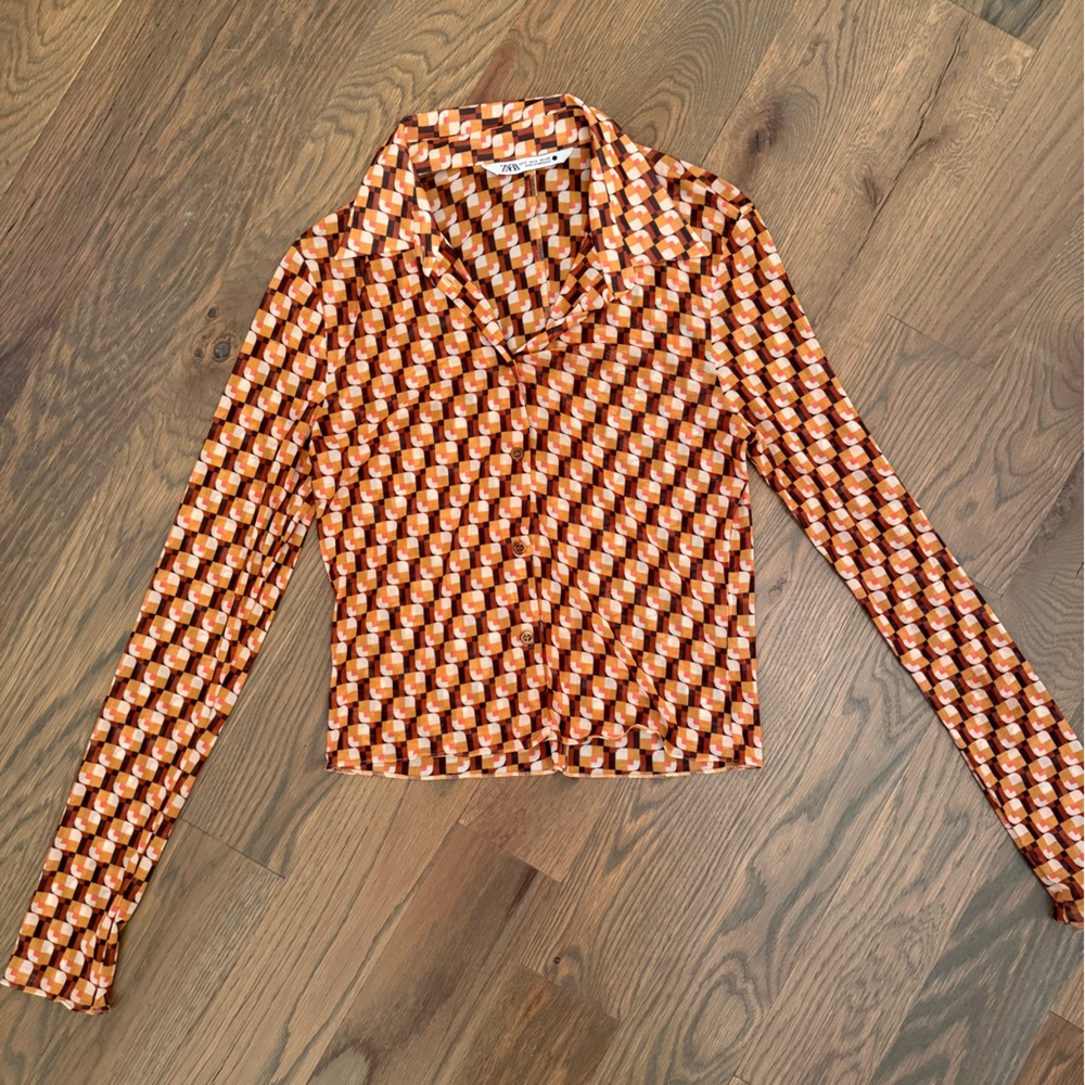 Zara Orange and Brown Checkered Button Down Shirt